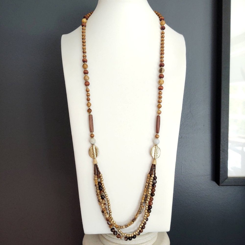 Glass, wood, seed bead with gold accent necklace